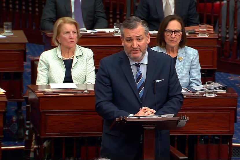 In an image from Senate Television, U.S. Sen. Ted Cruz, R-Texas, speaks during the...