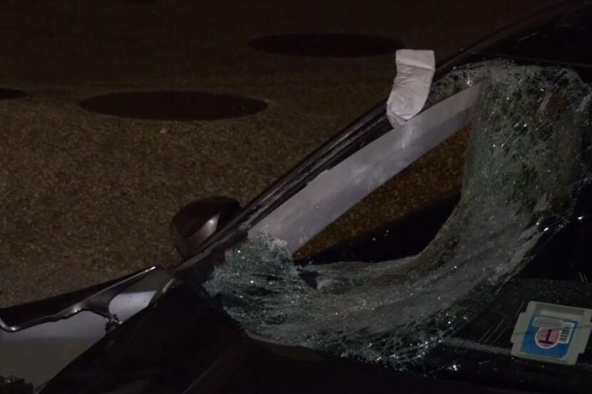 Heavy damage marks were left on a car that struck a pedestrian on Interstate 635 near...
