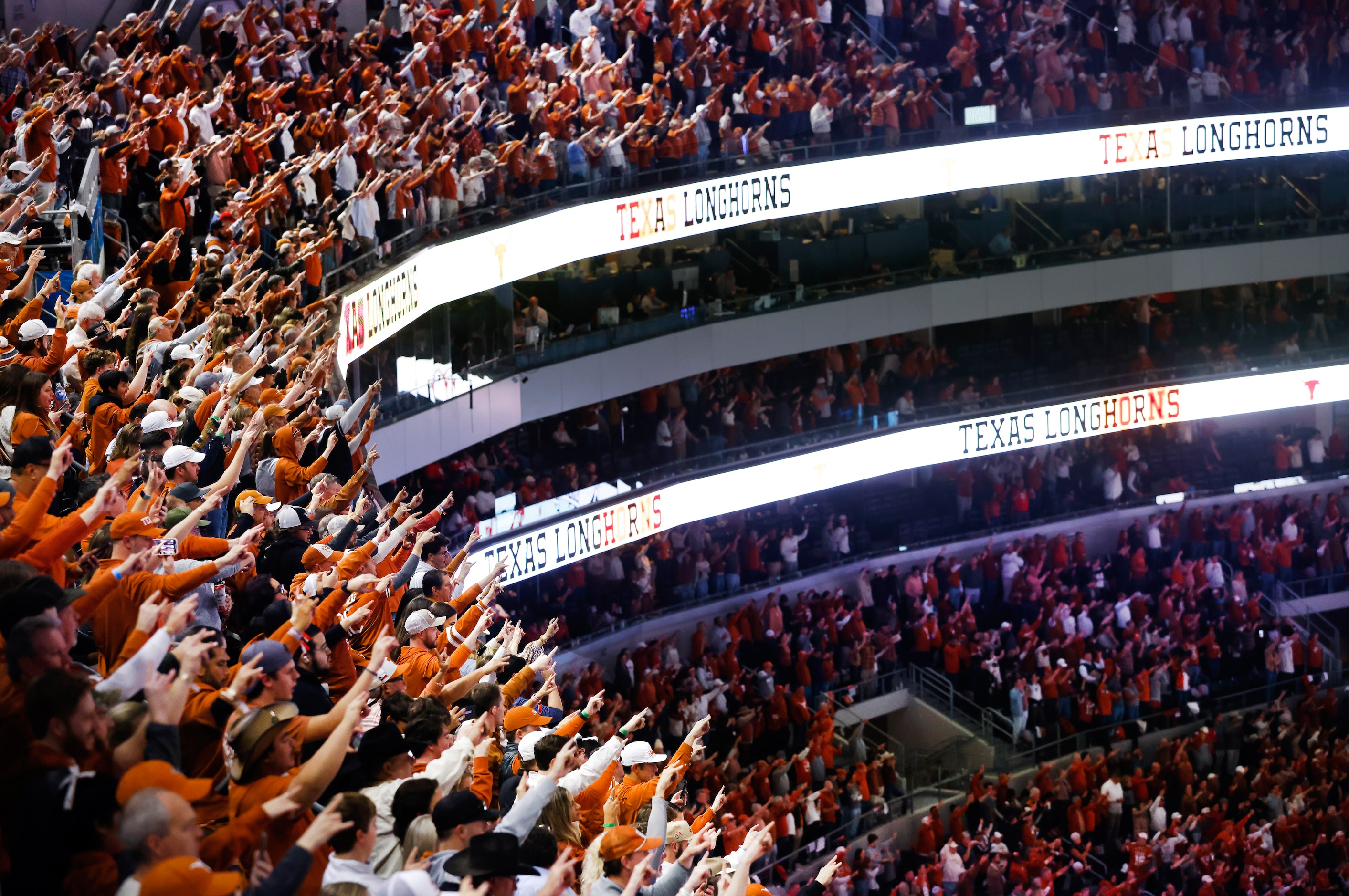 Texas Longhorns fans get their horns up as their team set to kick off against the Ohio State...