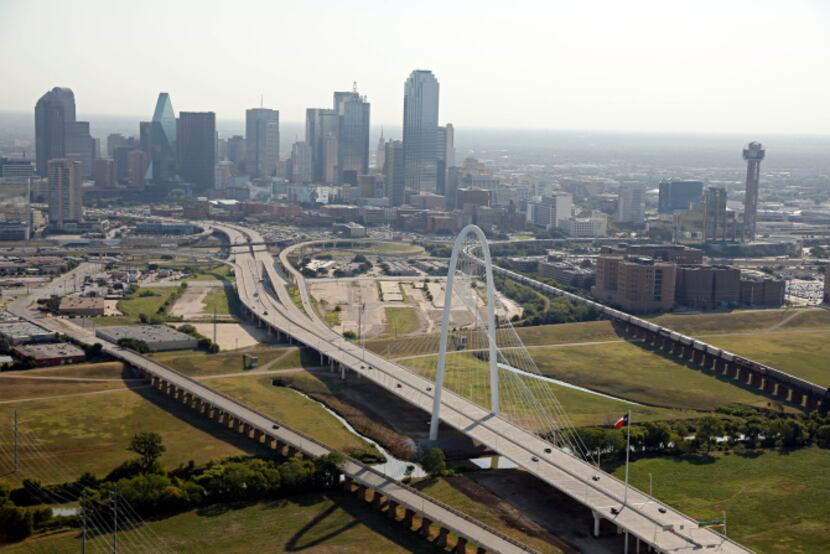 Aerial photograph of the Margaret Hunt Hill Bridge in Dallas.