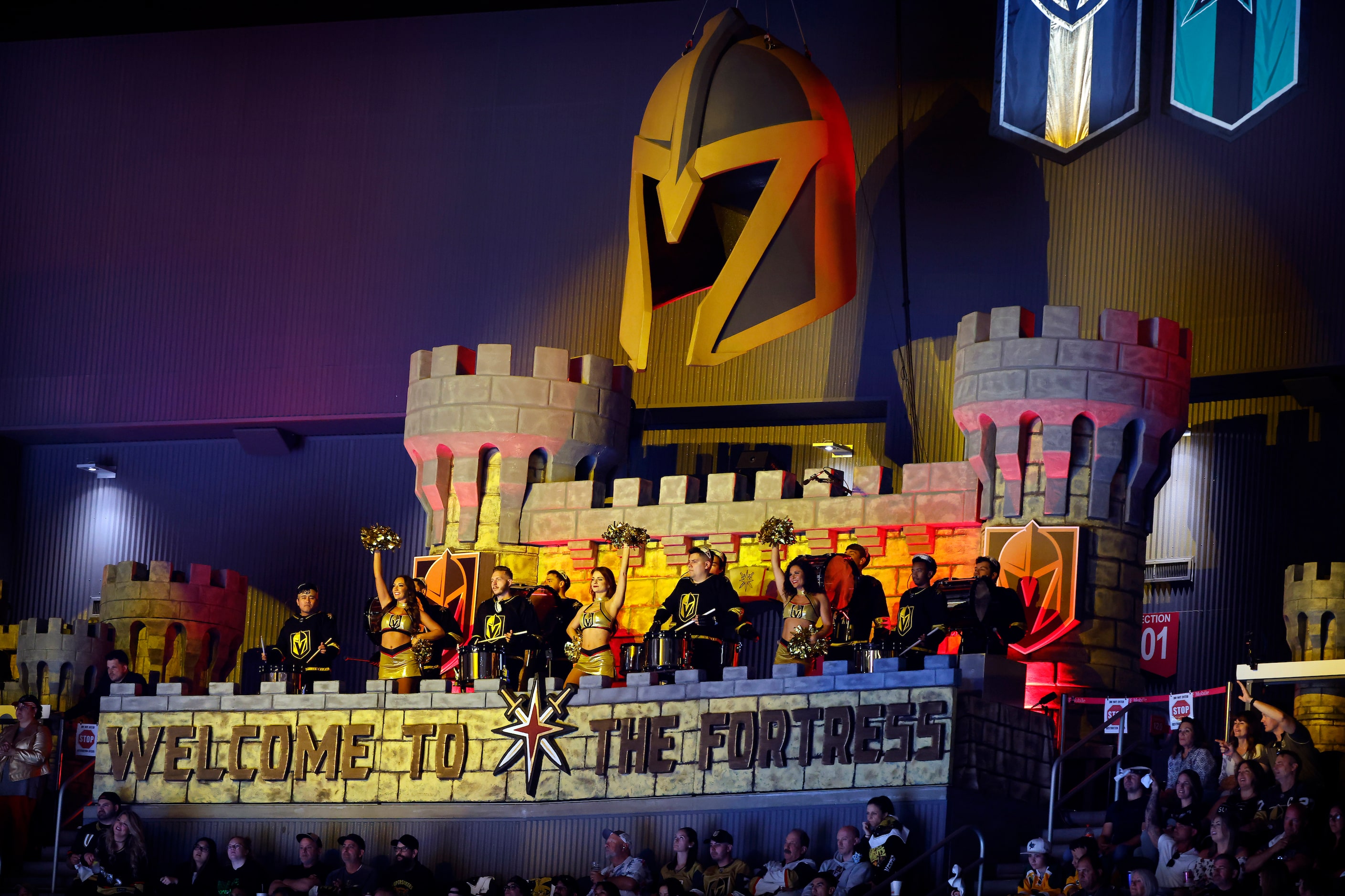 Members of the Vegas Golden Knights Knight Line by Drumbots perform during a timeout in Game...