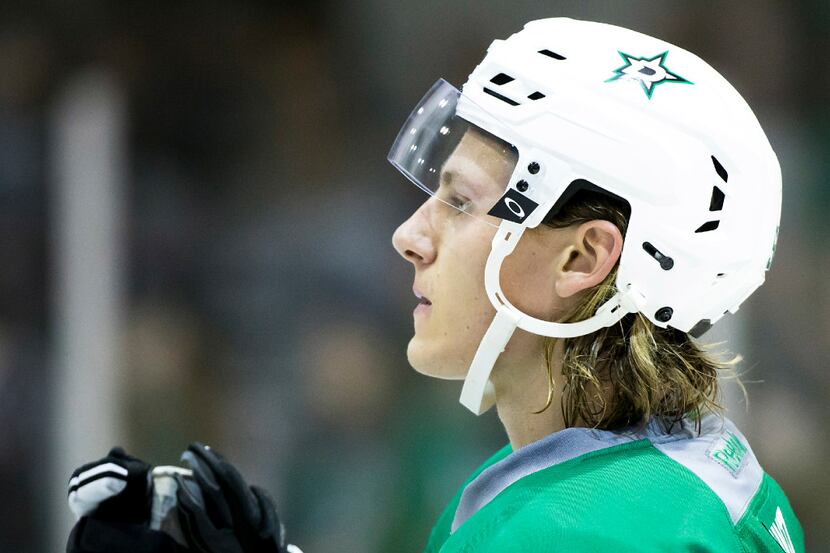 Dallas Stars forward Roope Hintz watches between drills on the first day of Dallas Stars...