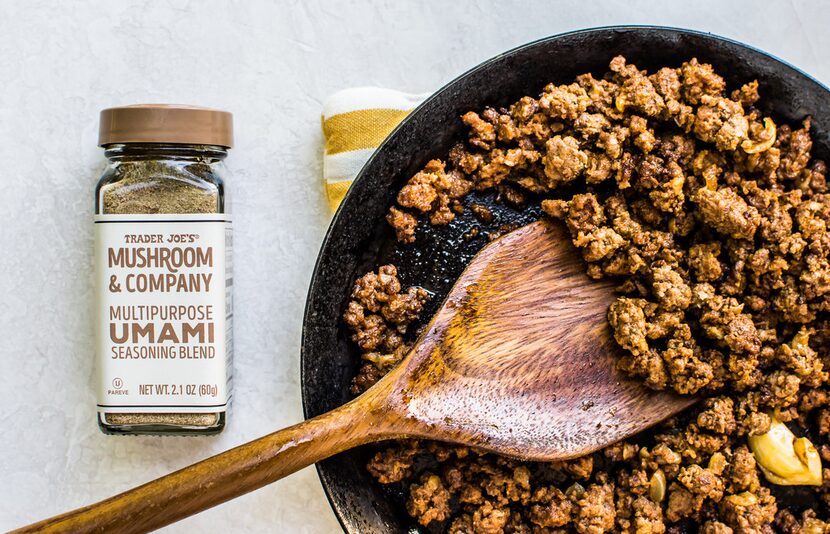 Umami Ground Beef uses mushroom umami seasoning from Trader Joe's.