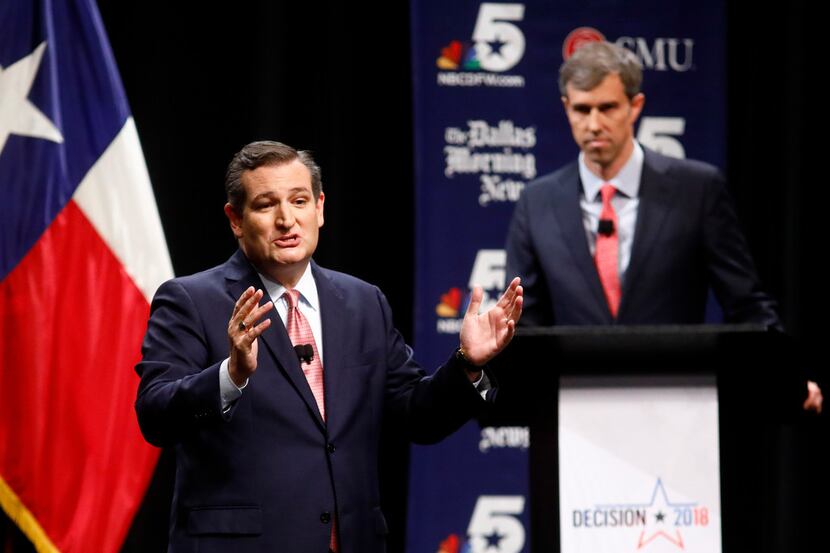 Sen. Ted Cruz makes his final remarks as Rep. Beto O'Rourke listens during a debate at...