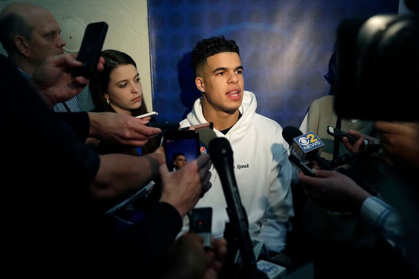 Michael Porter Jr., from Missouri, speaks to reporters during the NBA draft basketball...