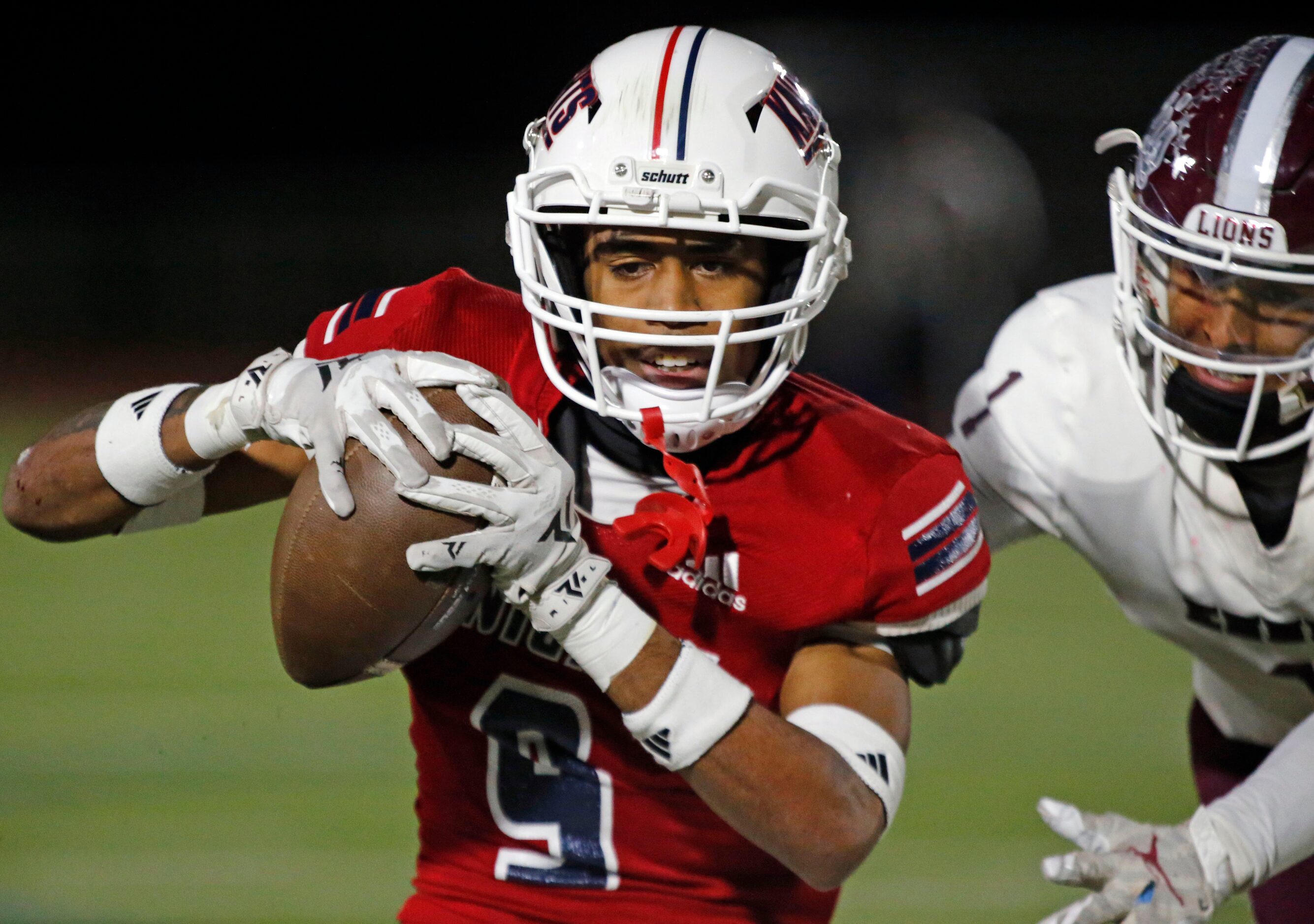 Kimball’s Juan-Milleon Aguilar (9) grabs an interception in front of Ennis TE Jalen...