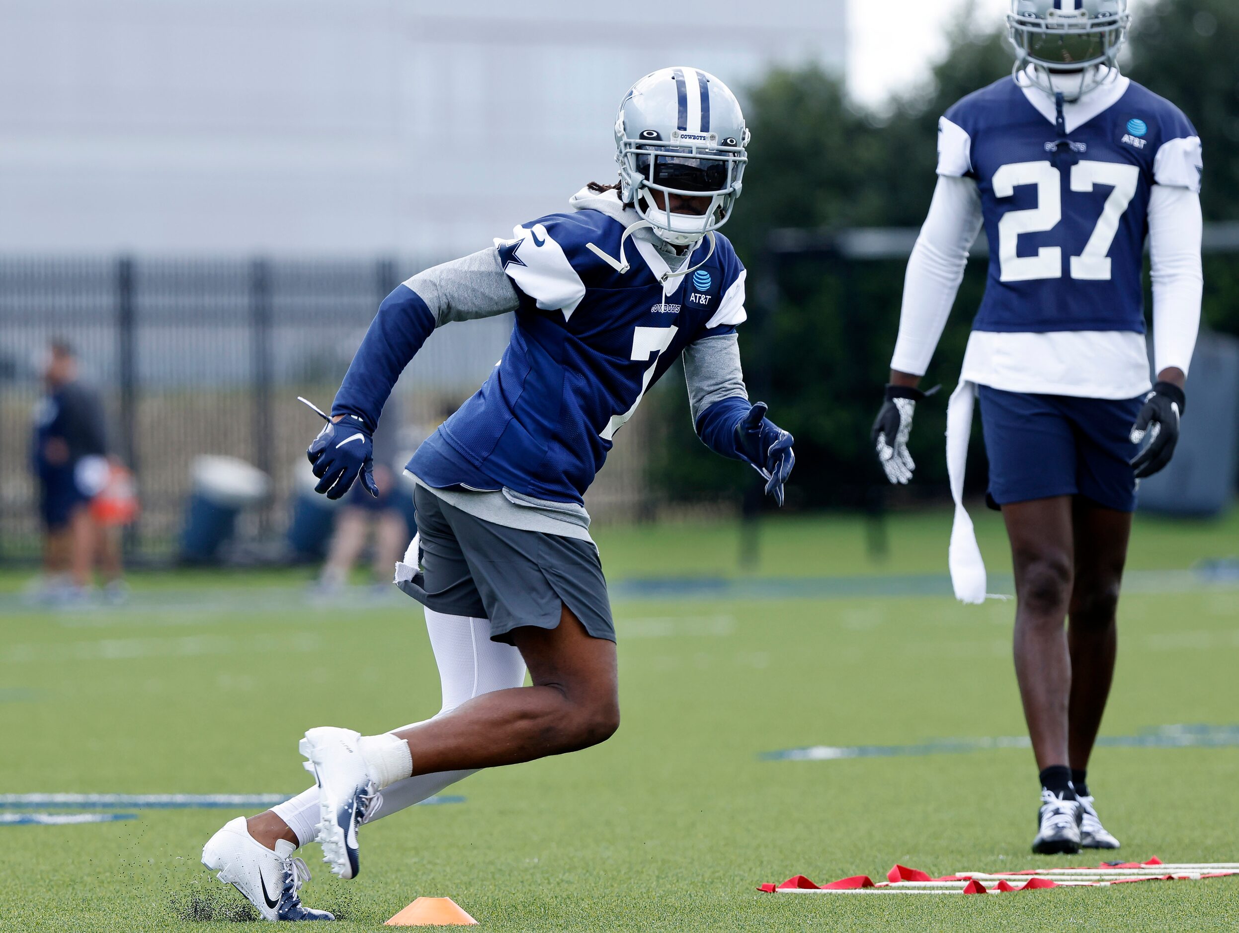 Dallas Cowboys cornerback Trevon Diggs (7) runs through a drill during training camp...