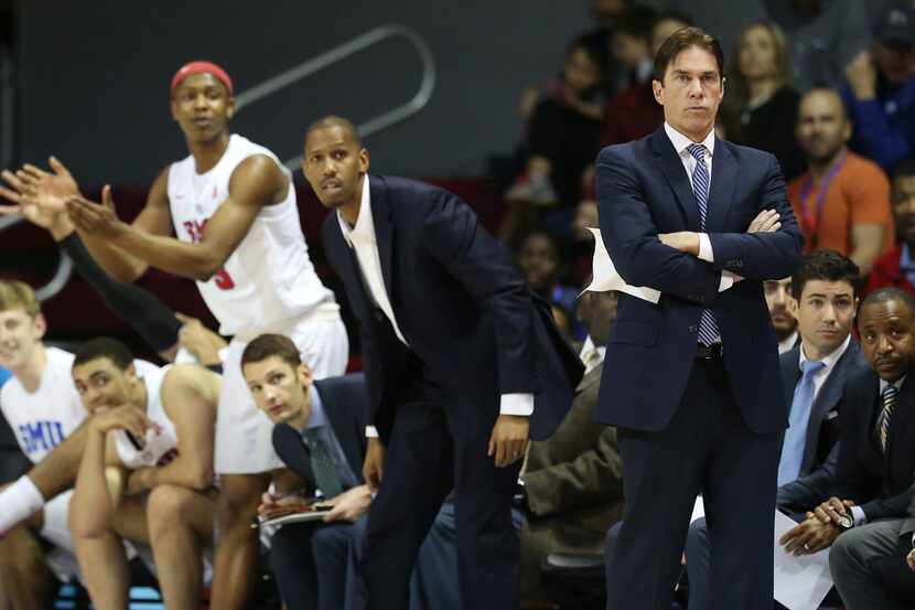 Southern Methodist Mustangs head coach Tim Jankovich watch the play in the first half during...