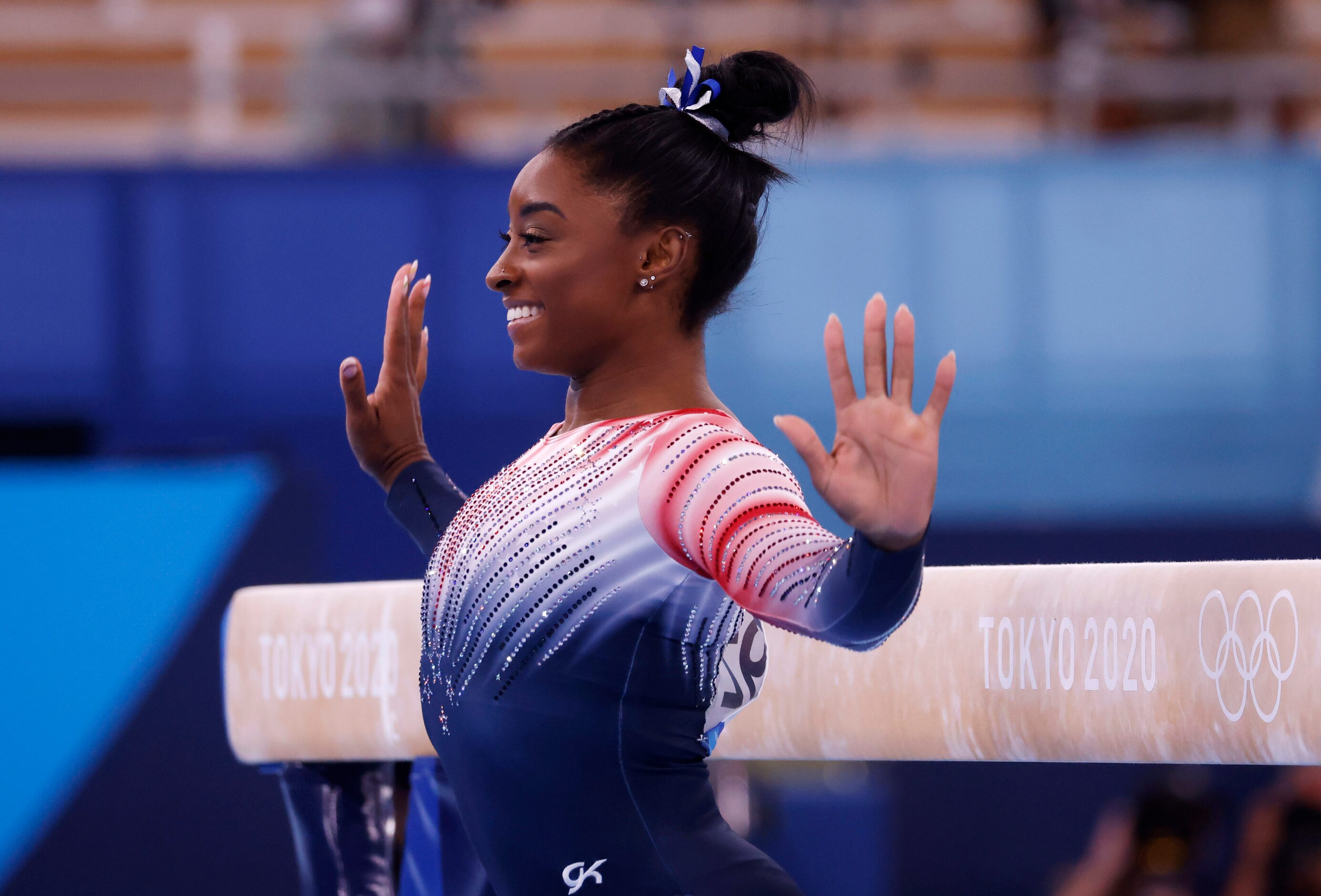 USA’s Simone Biles competes in the women’s balance beam final at the postponed 2020 Tokyo...