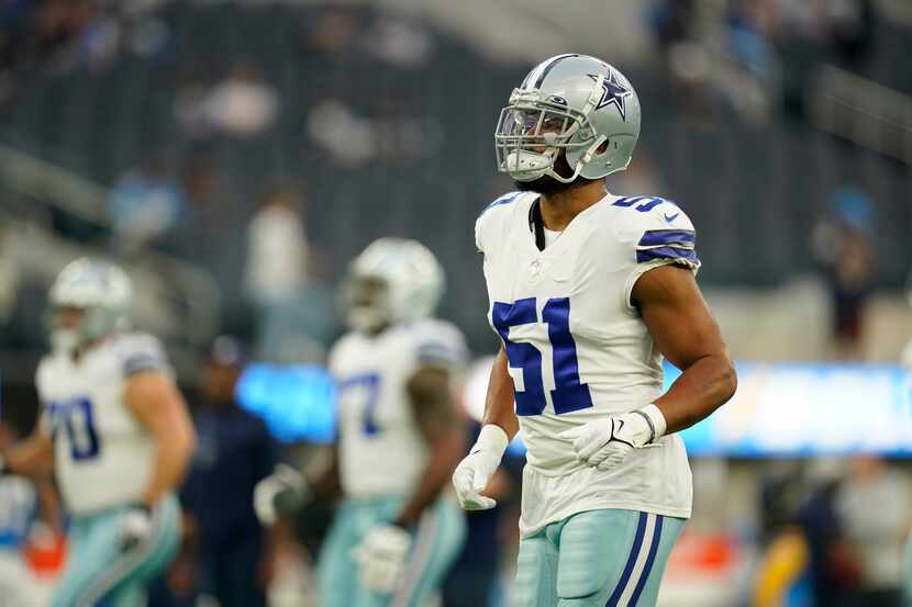 Dallas Cowboys linebacker Anthony Barr (51) warms up before a preseason NFL football game...