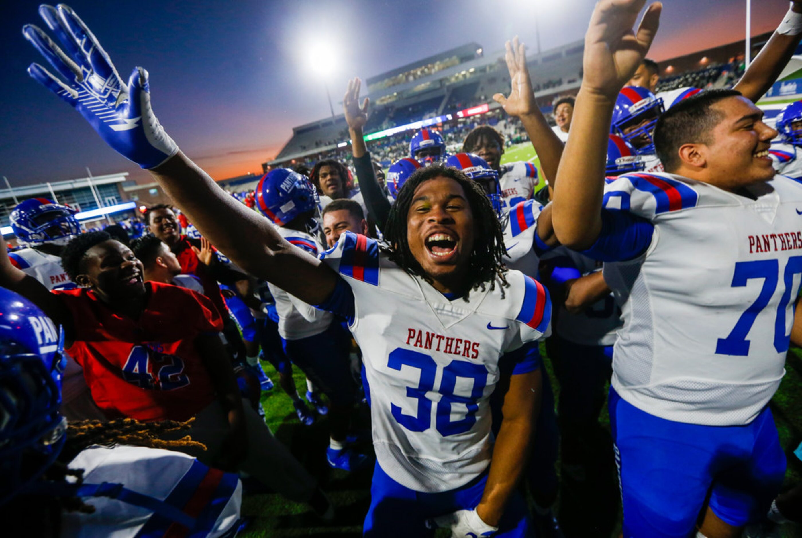 Duncanville linebacker Jordan Chapple (38) celebrates following a win over Southlake Carroll...