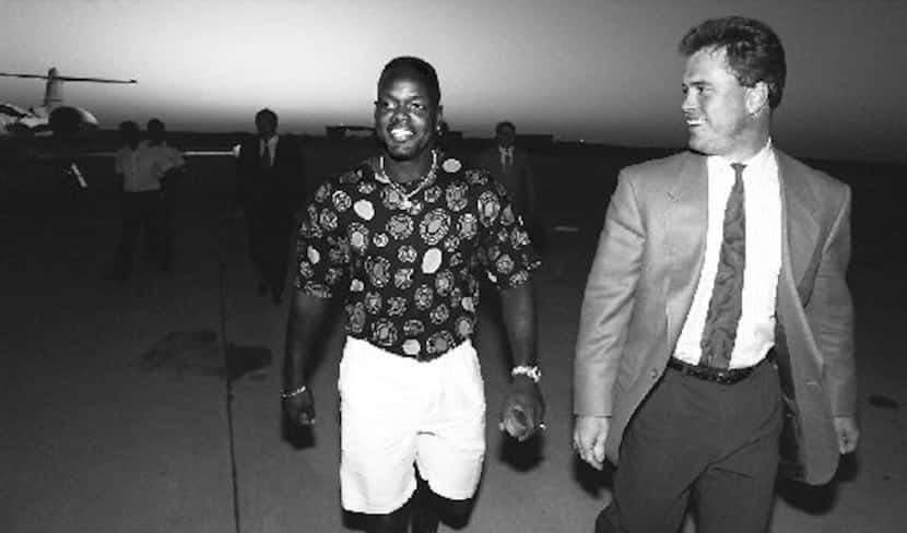 Emmitt Smith with Stephen Jones after the running back signed a new contract with the Cowboys.
