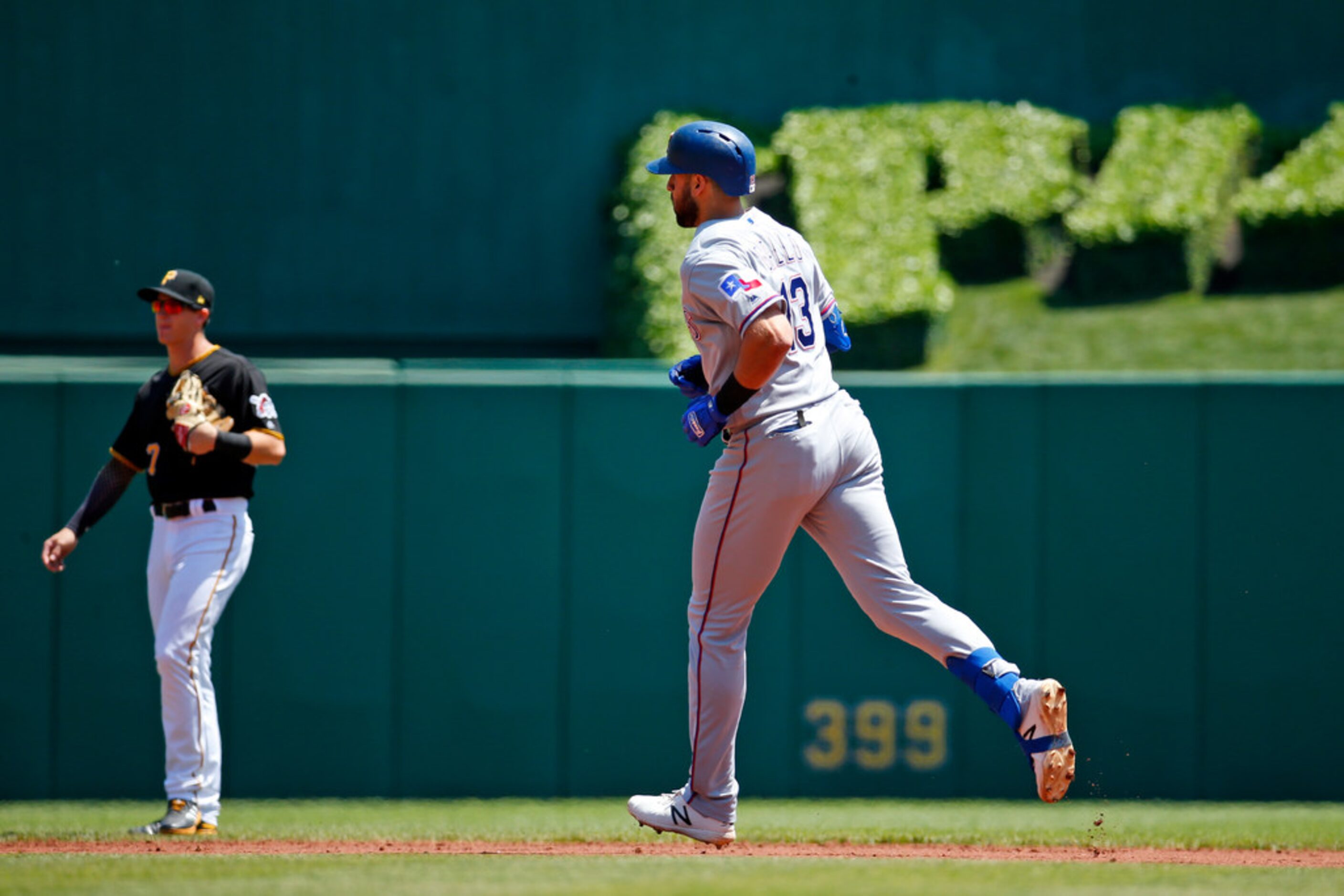 PITTSBURGH, PA - MAY 08:  Joey Gallo #13 of the Texas Rangers rounds second after hitting a...