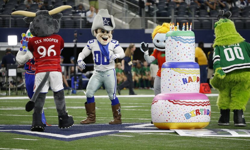 Rowdy celebrates his birthday with other local mascots before the Dallas Cowboys game...