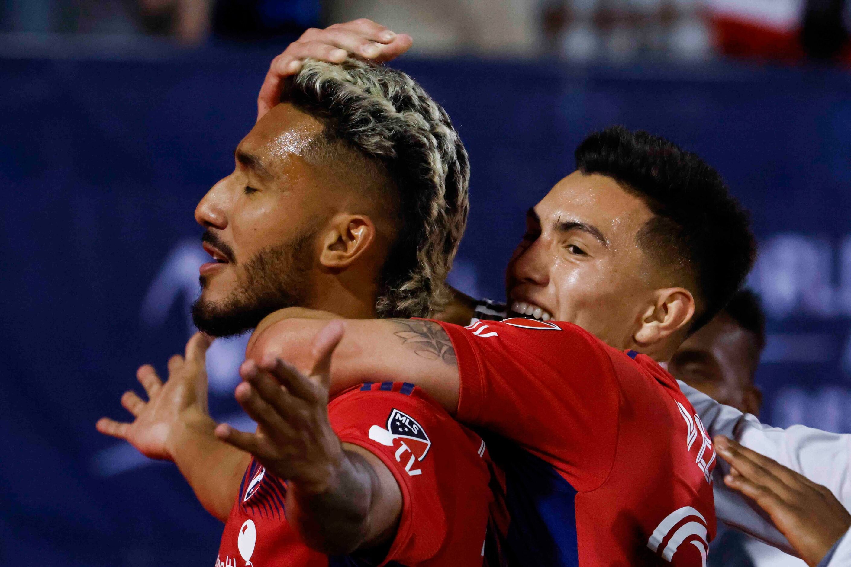 FC Dallas forward Jesús Ferreira and forward Alan Velasco (right) celebrate a goal during...