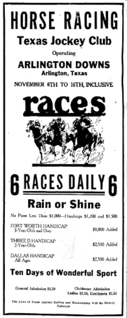 Advertisement for the first racing season at Arlington Downs in 1929.