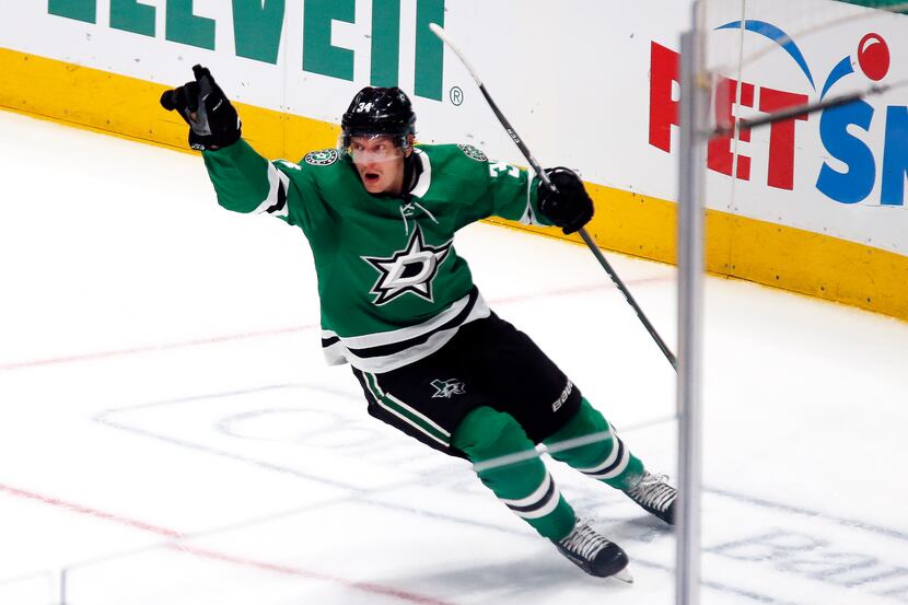 Dallas Stars right wing Denis Gurianov celebrates his goal during the second period against...