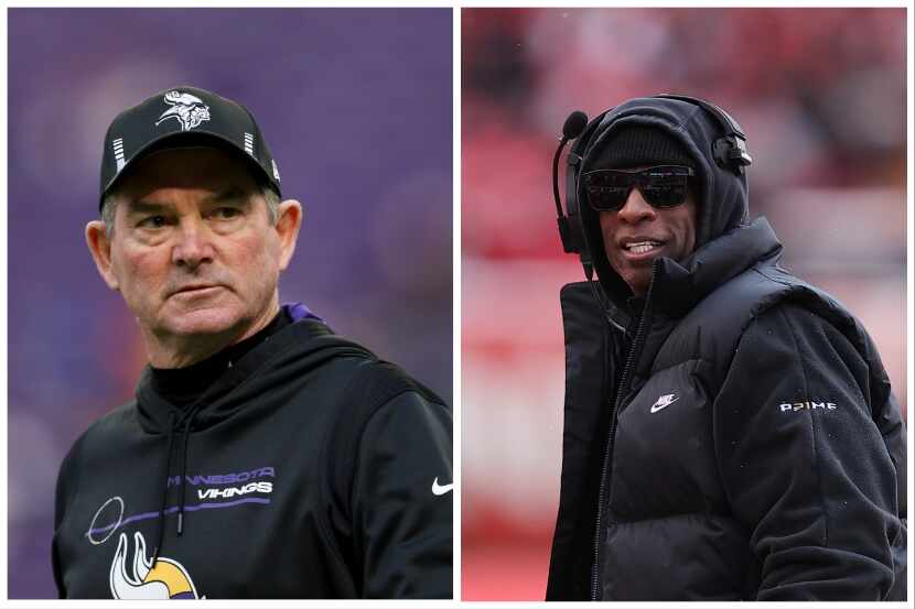Left: Mike Zimmer as the head coach of the Minnesota Vikings in a game from 2022; Right:...