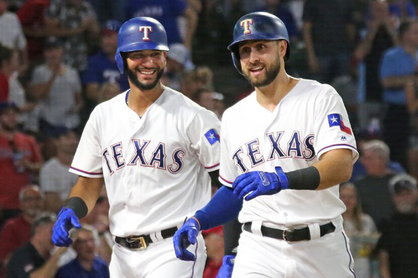 Texas Rangers Nomar Mazara, left, and Joey Gallo, right, are all smiles during the Detroit...