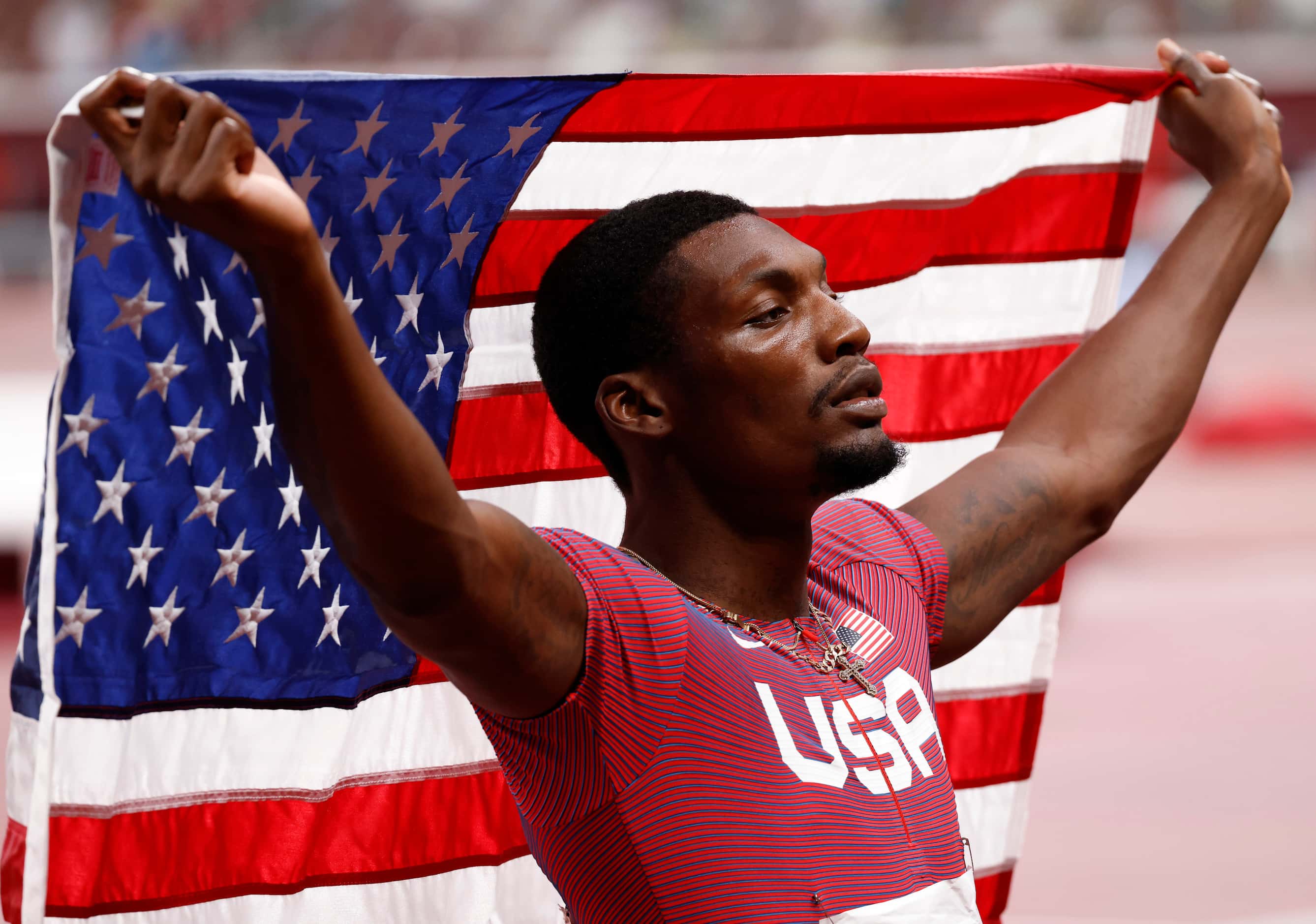 USA’s Fred Kerley celebrates after finishing in second place in the men’s 100 meter final...