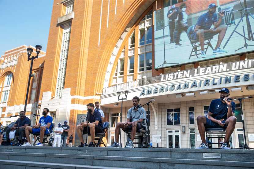 From right, panelists Cedric Ceballos, assistant coach Stephen Siles, forward Maxi Kleber,...