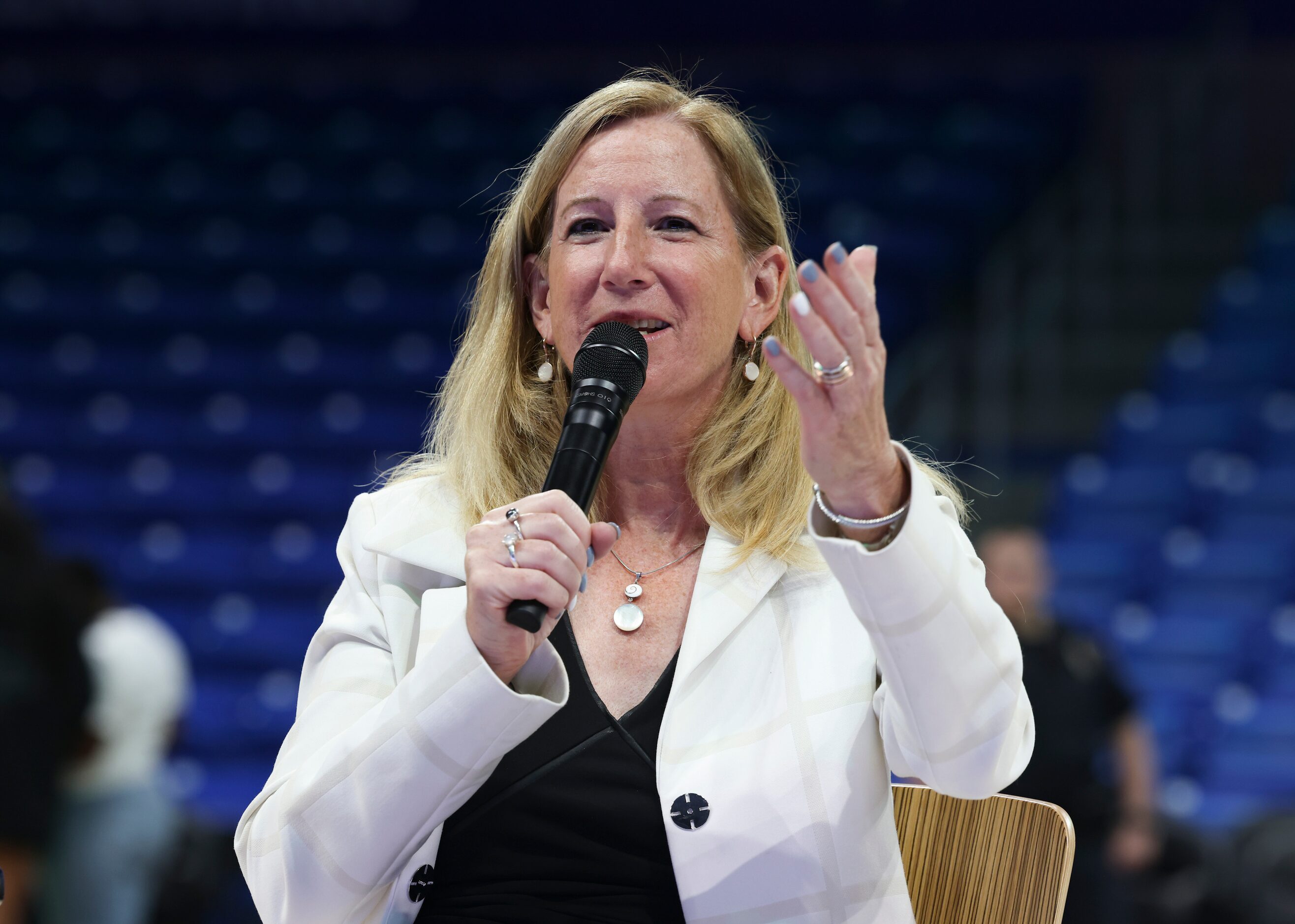 Cathy Engelbert, Commissioner of  the Woman’s National Basketball Association talks during a...