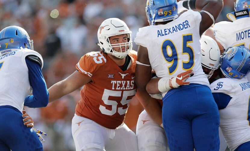FILE - Texas offensive lineman Connor Williams (55) during the second half of an NCAA...