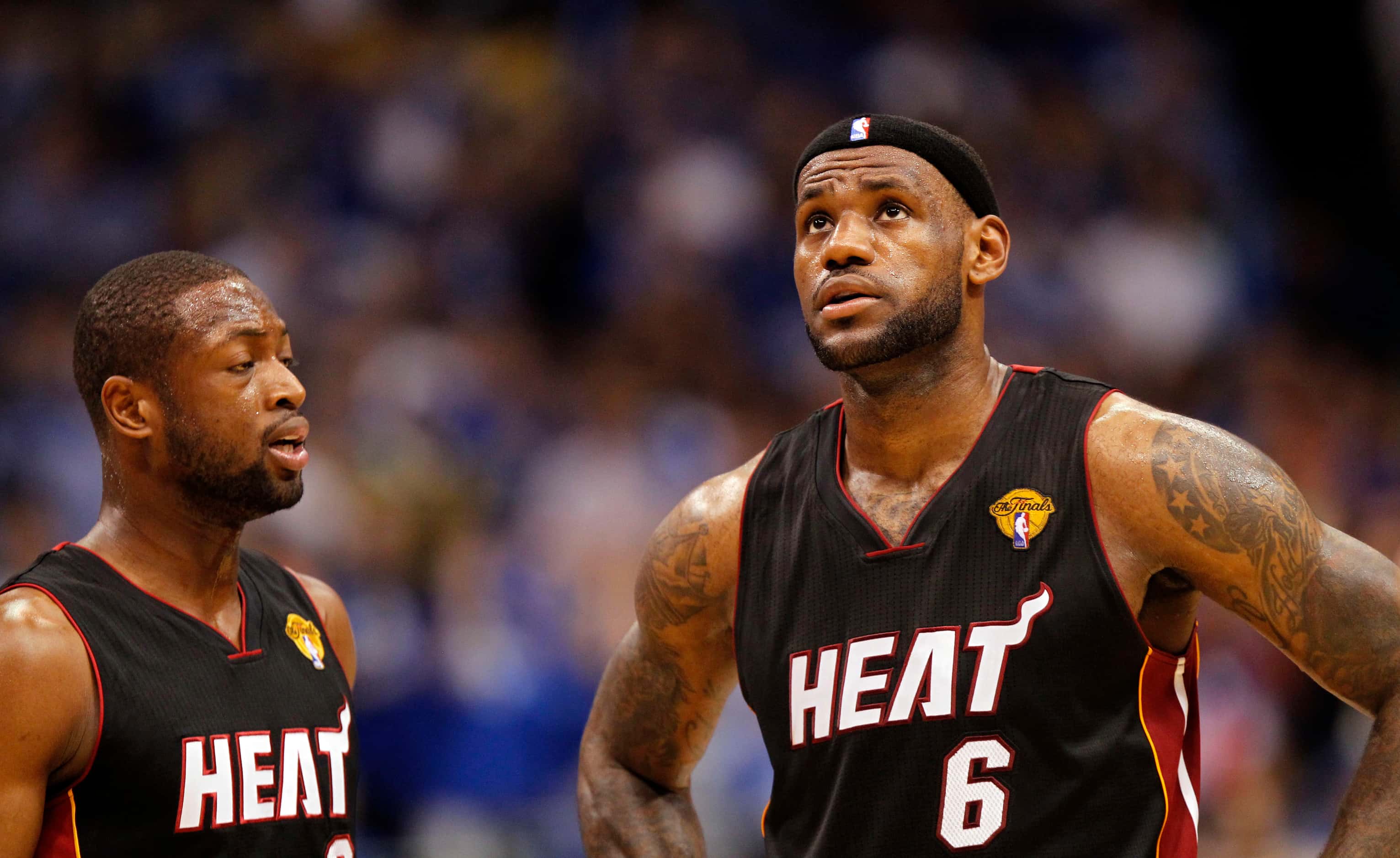 Miami Heat shooting guard Dwyane Wade (3) and Miami Heat small forward LeBron James (6)...