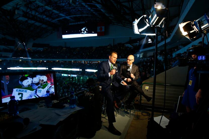 Daryl "Razor" Reaugh and Ralph Strangis talk during a pre game show before the start of the...