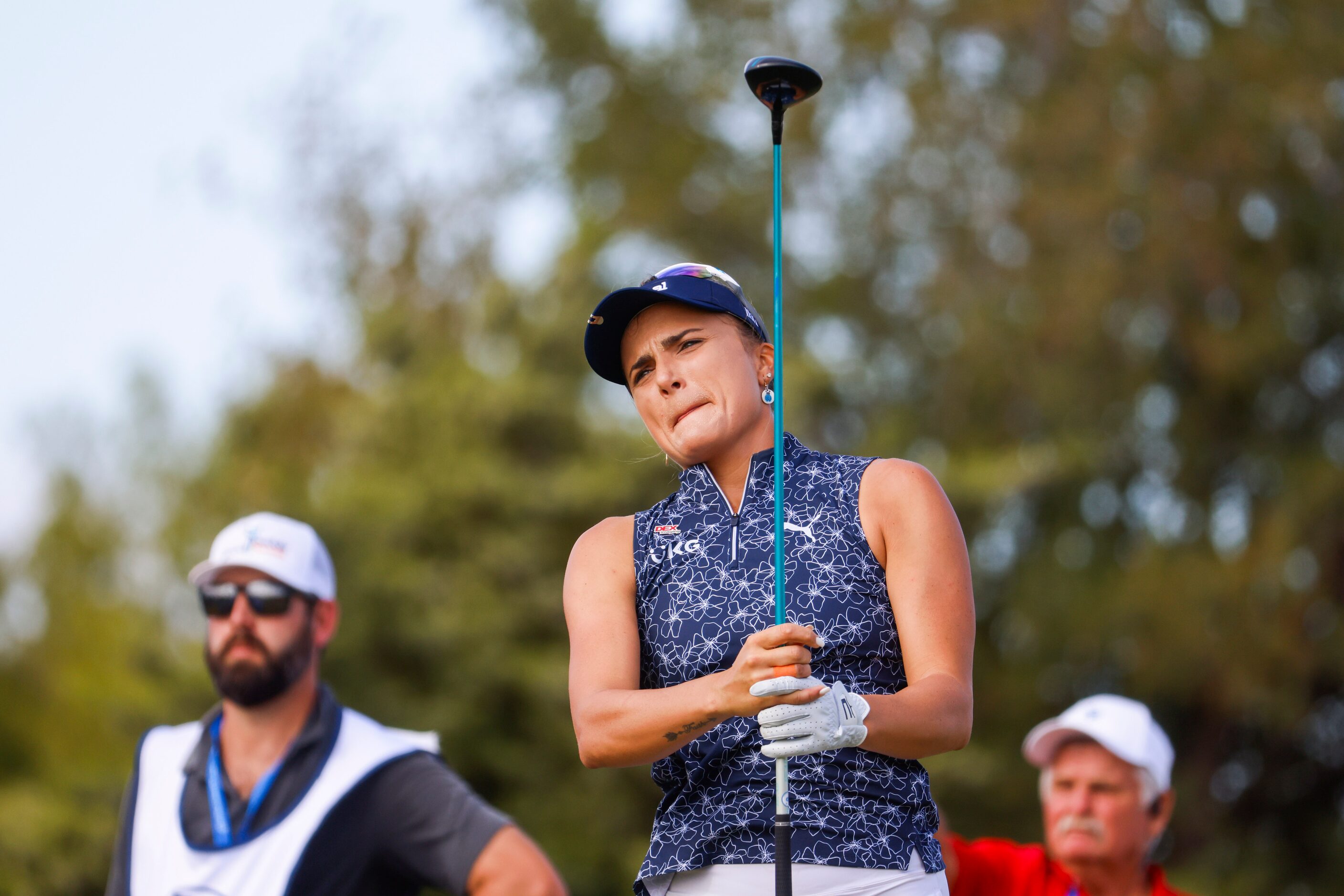 Lexi Thompson of the United States watches as she tees off on the ninth hole during the...