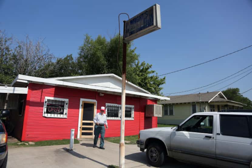 A customer leaves Wright's Bar-B-Q in Mexia, Texas, our first stop on the Posse's Heart of...