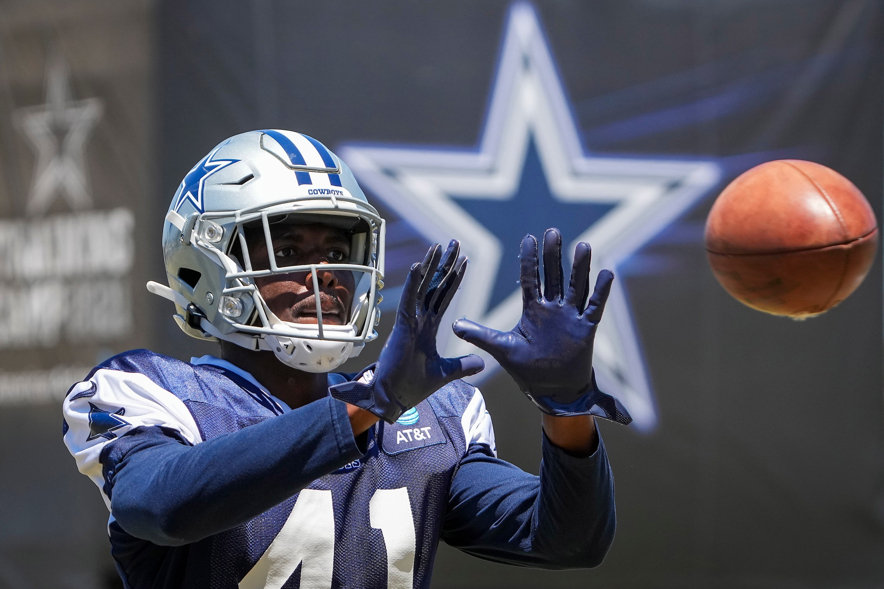 Dallas Cowboys cornerback Reggie Robinson II catches a ball during a practice at training...