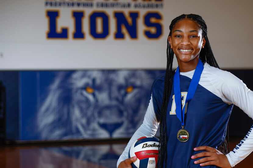 Plano Prestonwood sophomore outside hitter Macaria Spears poses for a photo at her school in...