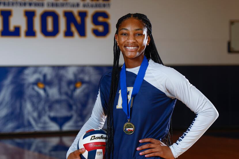 Plano Prestonwood sophomore outside hitter Macaria Spears poses for a photo at her school in...
