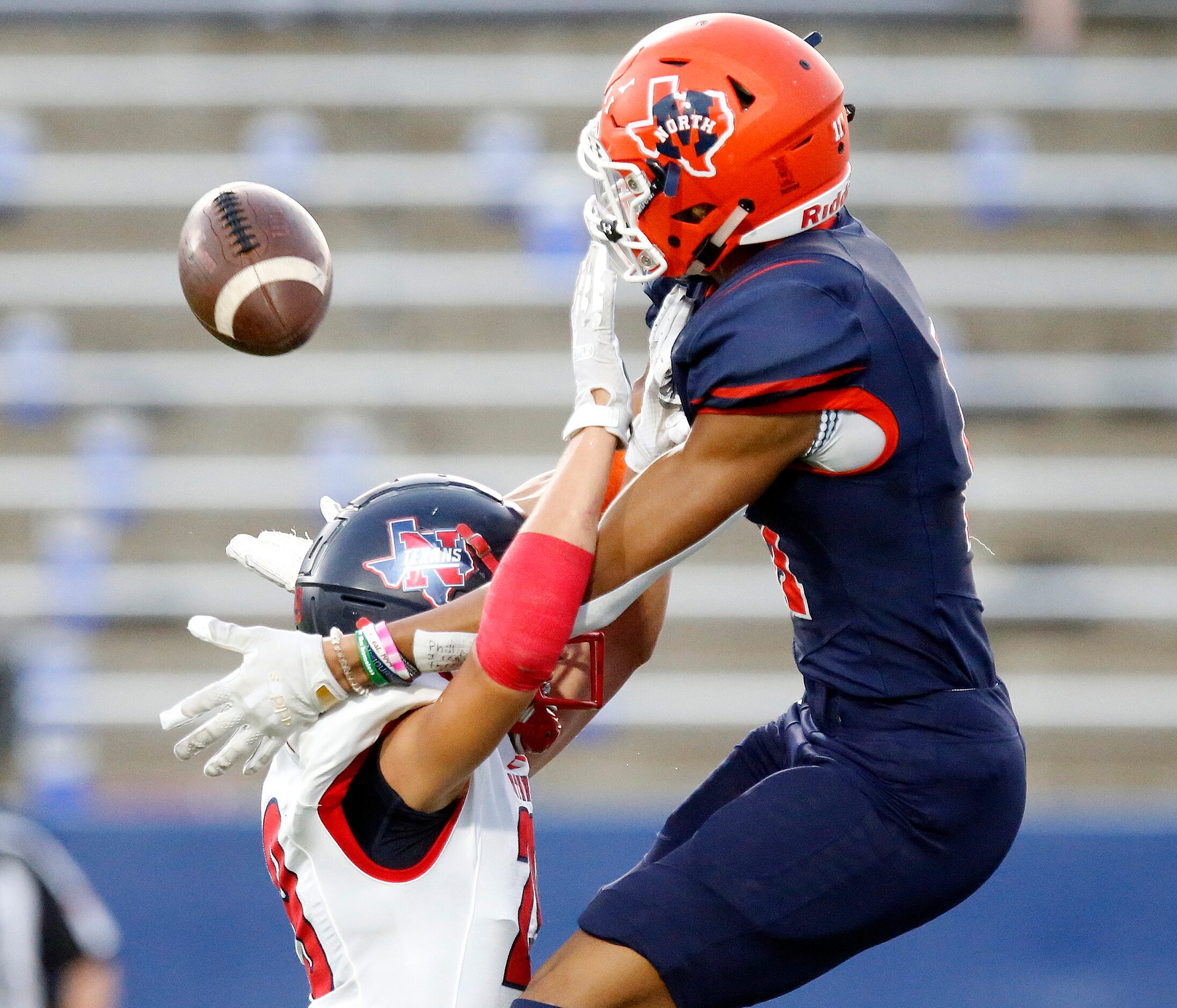 McKinney North High School wide receiver Korbin Hendrix (11) got an interference call on...