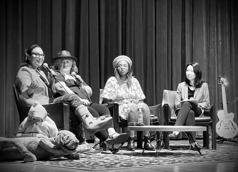 Ilknur Ozgur, Ofelia Faz-Garza and Jess Garland listen to a question asked by Arts Access...