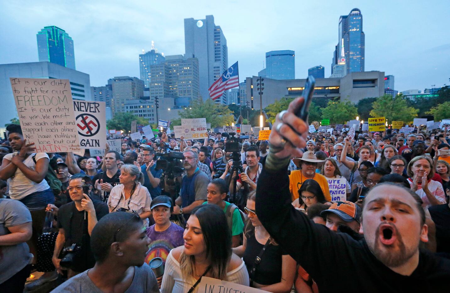 Protesters chant during the March Against White Supremacy at City Hall Plaza in downtown...