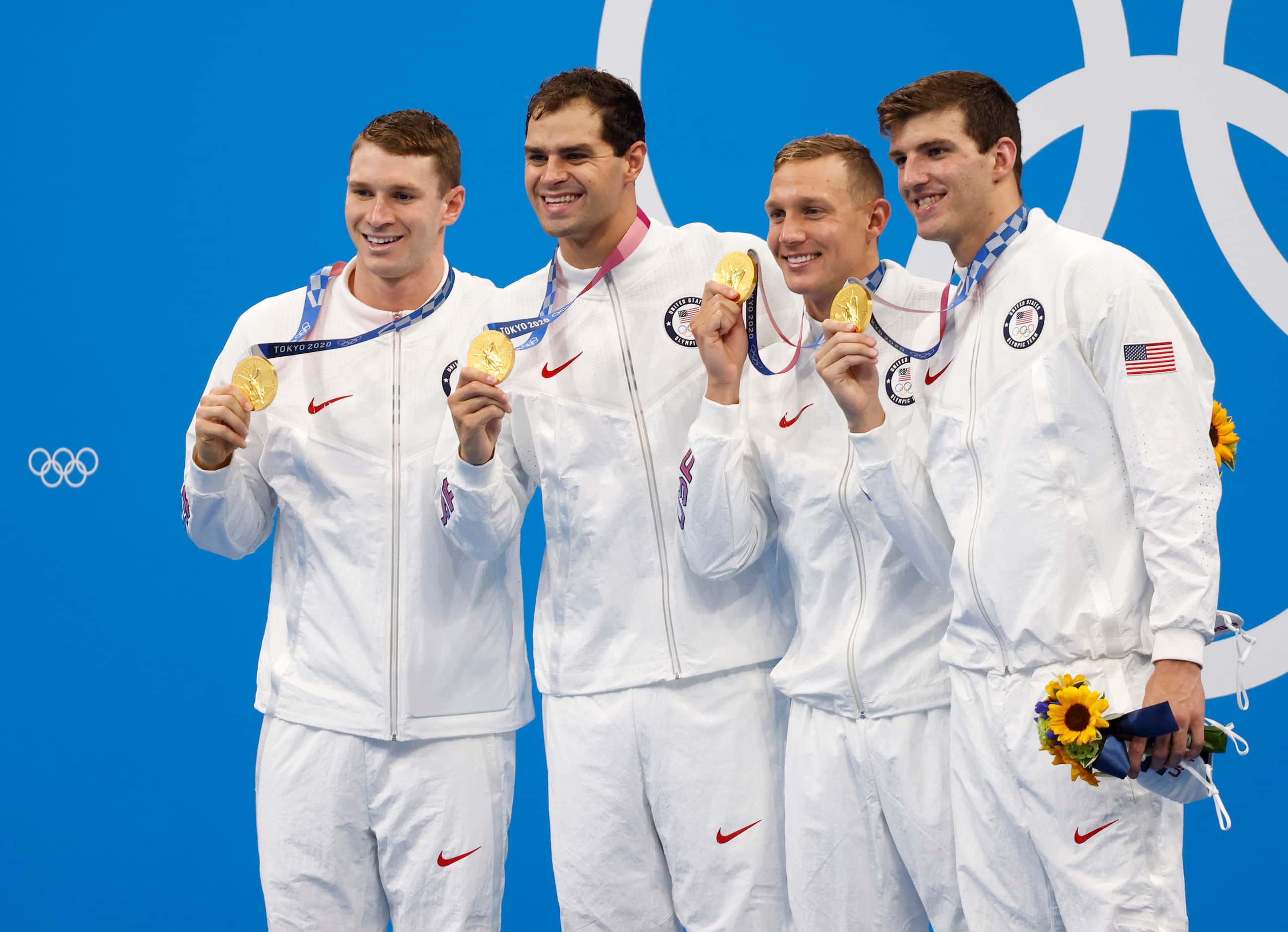 (Left to right) USA’s Ryan Murphy, Michael Andrew, Caeleb Dressel, and Zach Apple pose for...