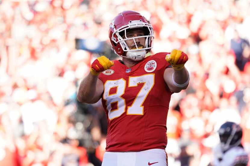 Kansas City Chiefs tight end Travis Kelce celebrates after scoring during the second half of...