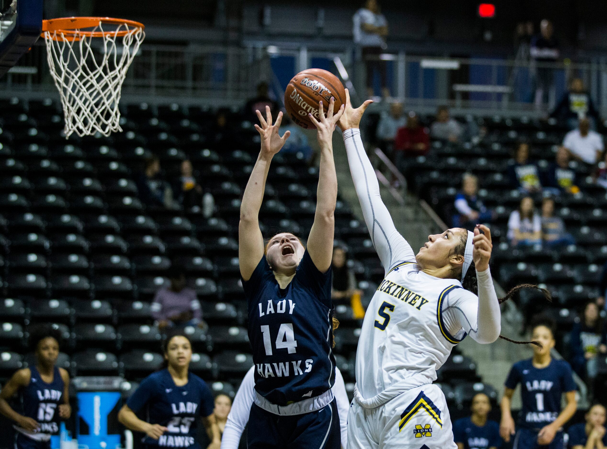 McKinney guard Trinity White (5) and Pflugerville Hendrickson guard Sarah Malinowski (14)...