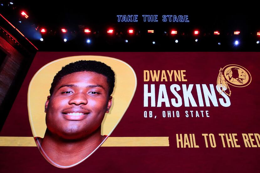 NASHVILLE, TENNESSEE - APRIL 25:  A video board displays an image of Dwayne Haskins of Ohio...