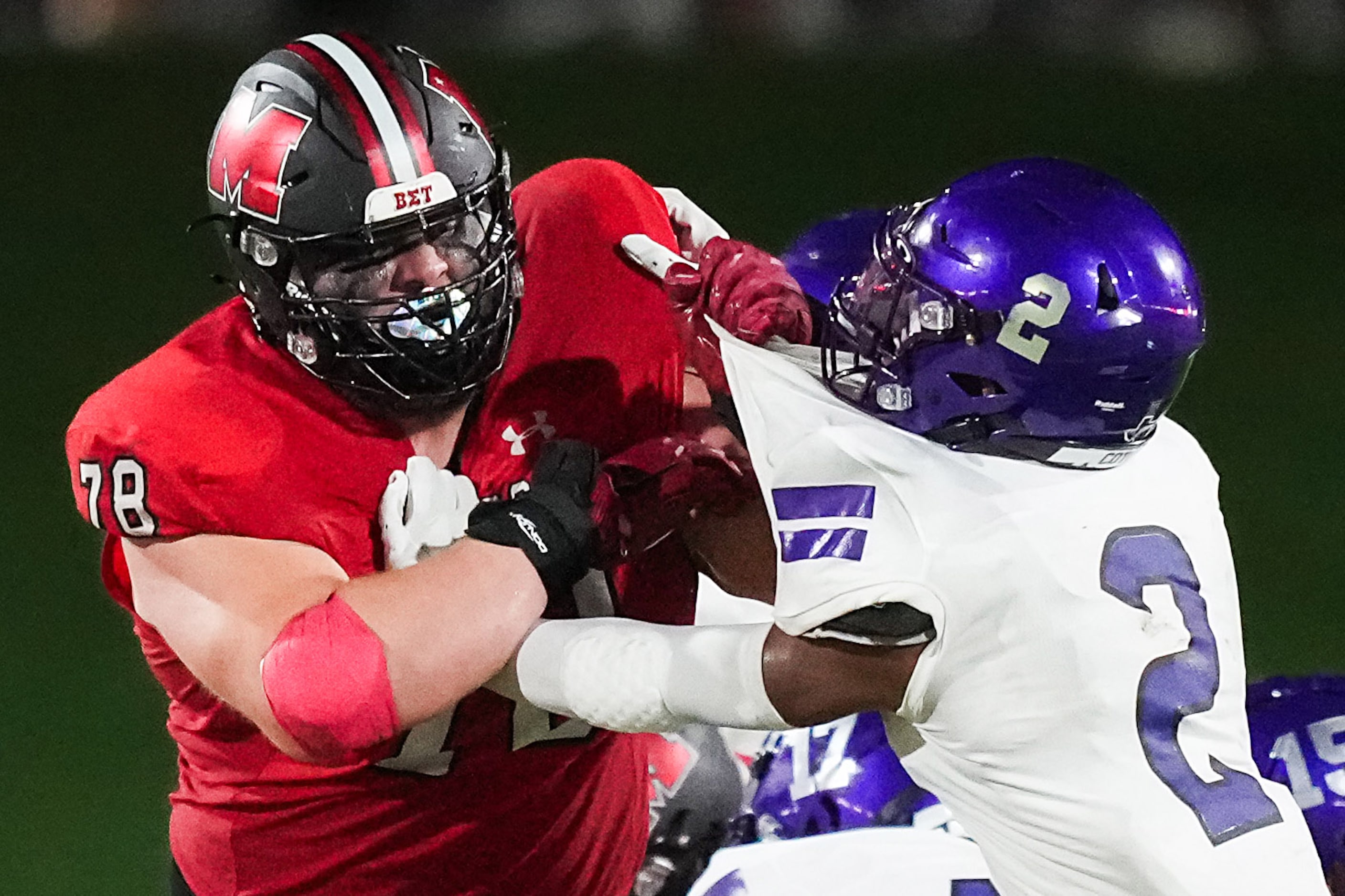 Melissa offensive lineman Owen Hollenbeck (78) tussles with Anna defensive back Zadian...