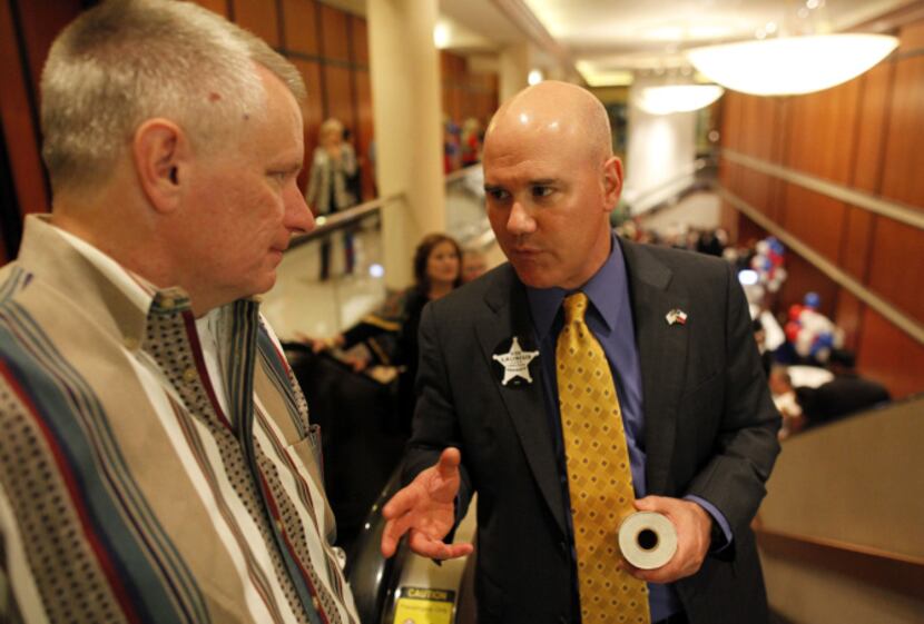 Kirk Launius, candidate for sheriff, talked with Matt Patrick of Dallas at the Dallas County...