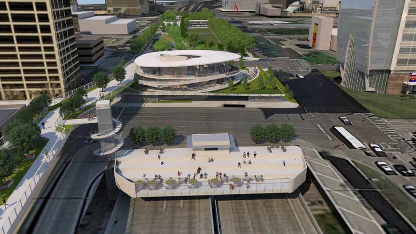 A rendering of the proposed Sky Deck over Klyde Warren Park