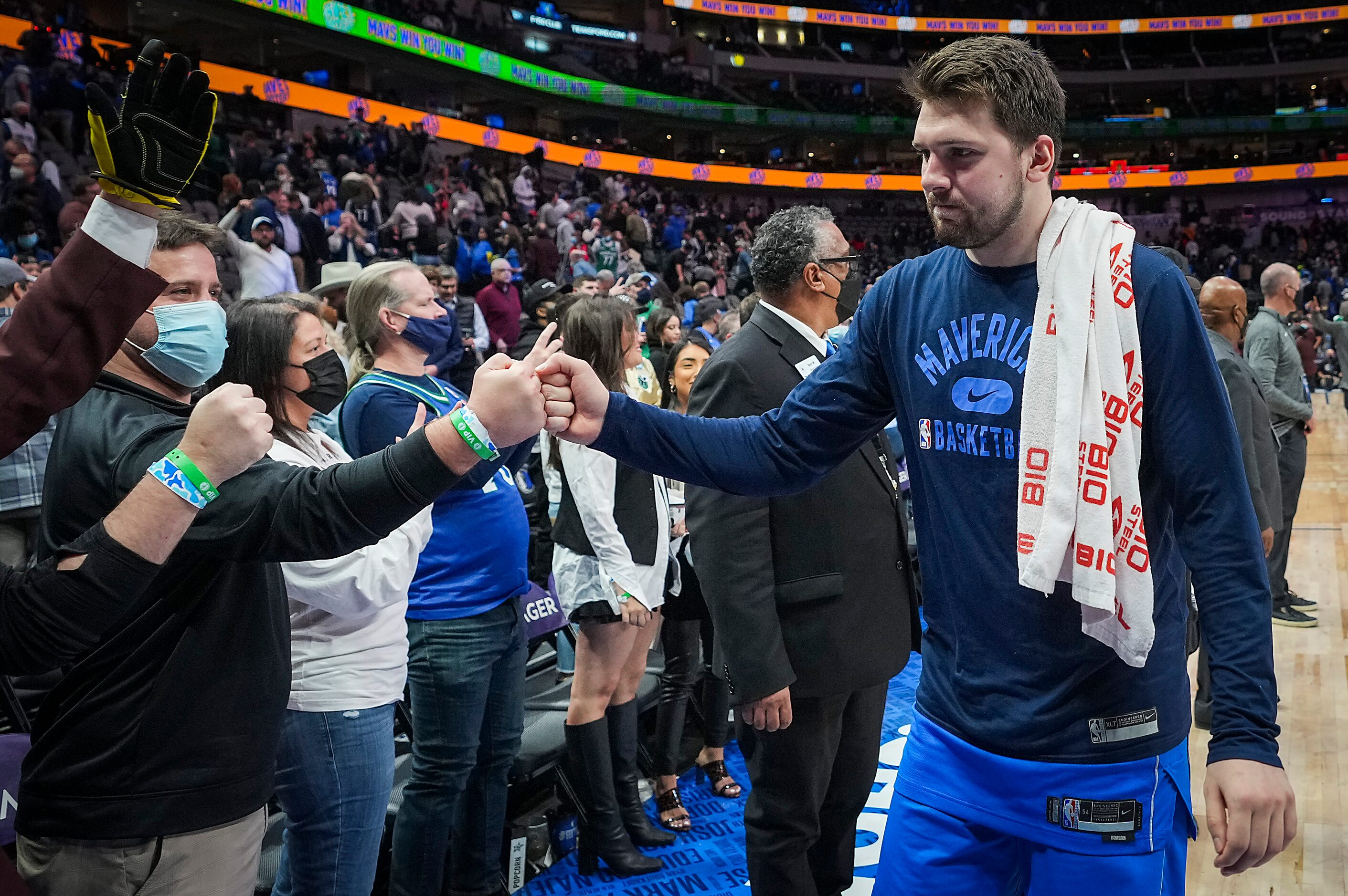 Dallas Mavericks guard Luka Doncic leaves the court after a victory over the Detroit Pistons...