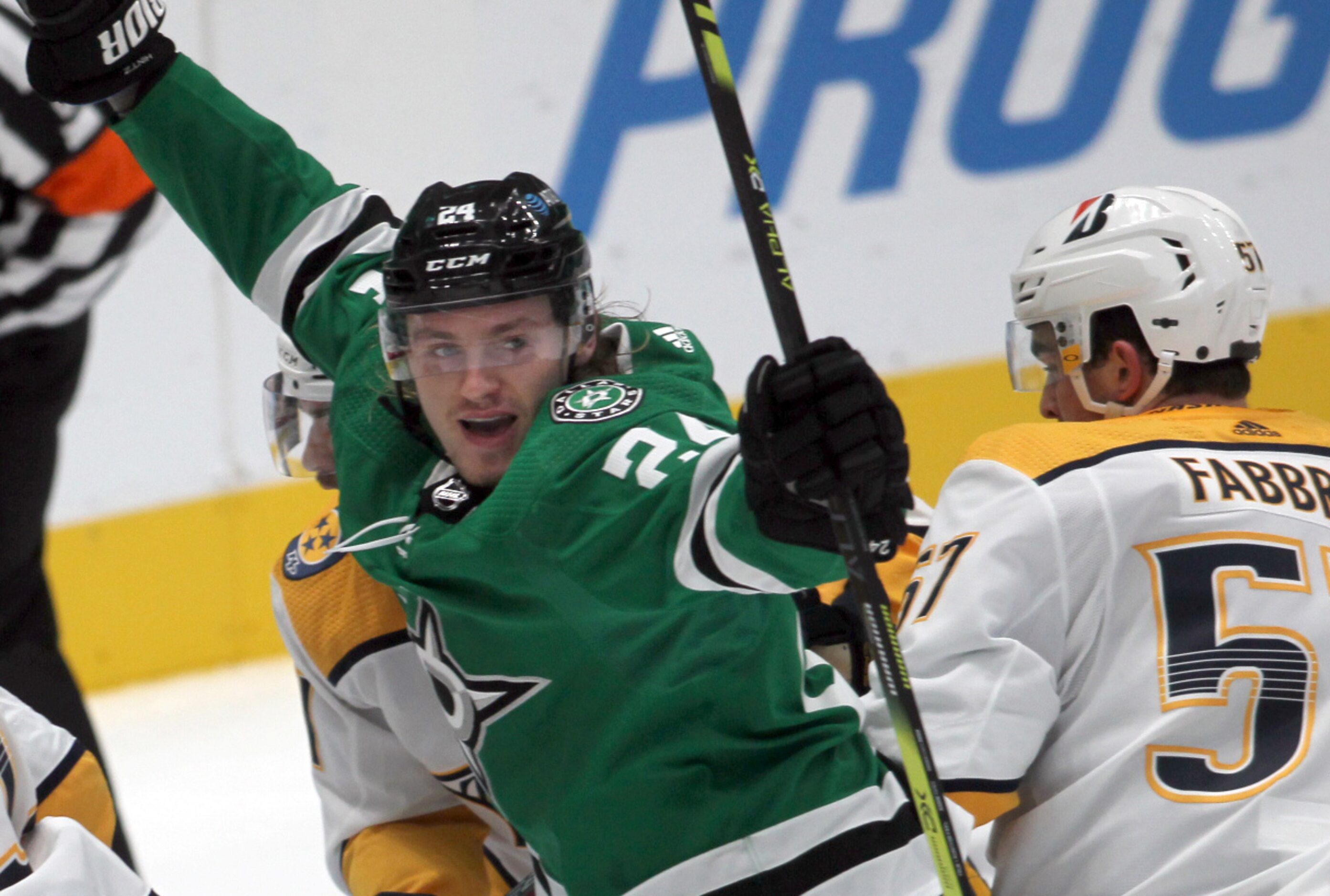 Dallas Stars forward Roope Hintz (24) celebrates his goal as Nashville Predators defenseman...