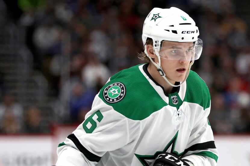 Julius Honka #6 of the Dallas Stars plays the Colorado Avalanche at the Pepsi Center on...
