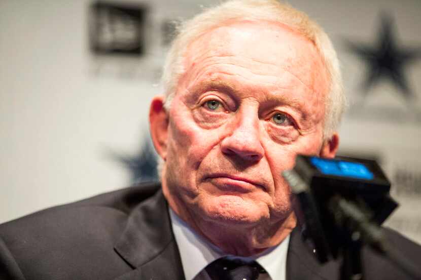 Dallas Cowboys owner Jerry Jones listens to a question during press conference to discuss...