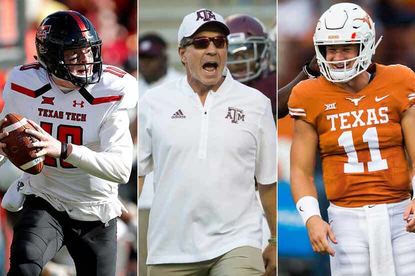 Pictured from left to right: Texas Tech quarterback Alan Bowman, Texas A&M coach Jimbo...