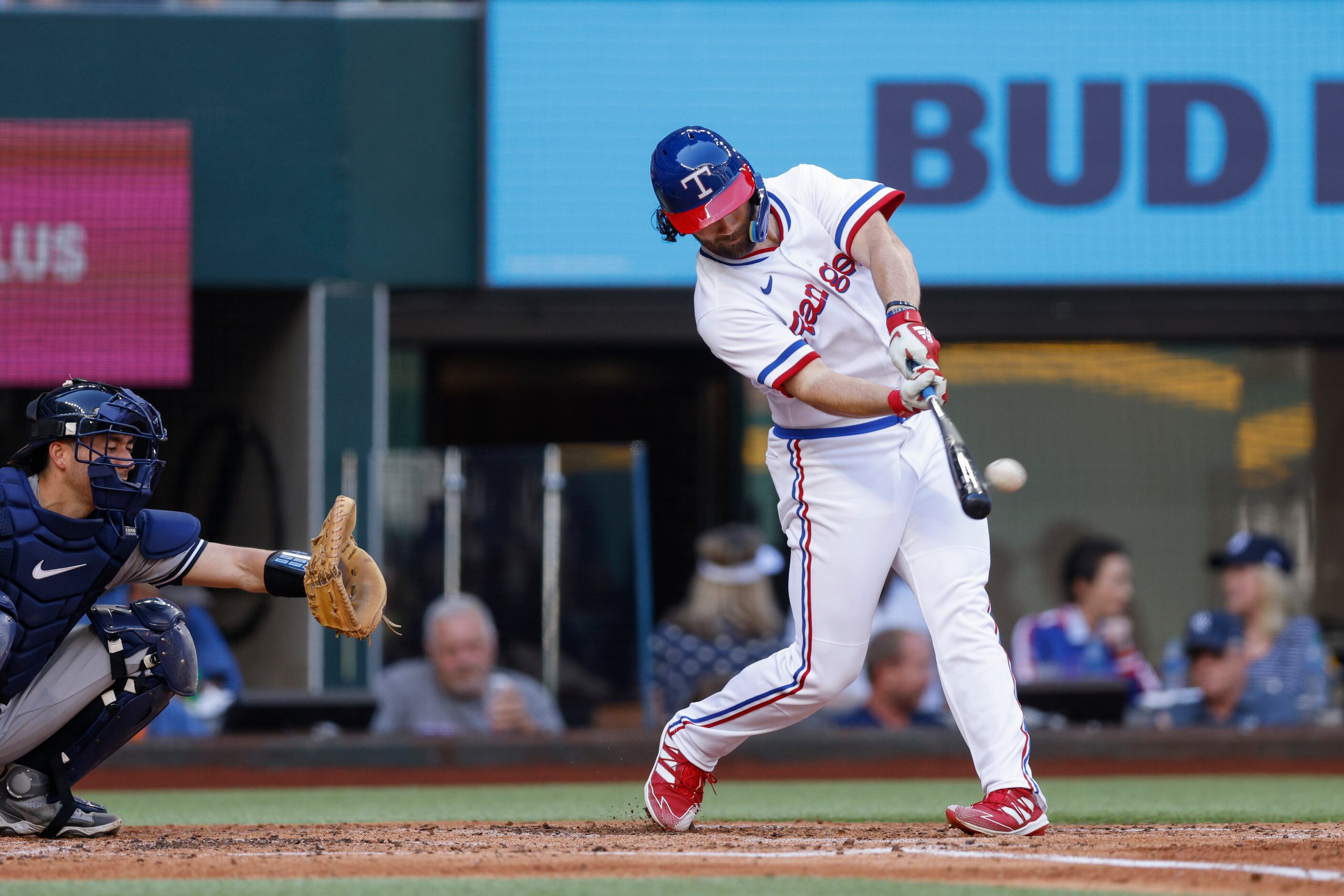Texas Rangers left fielder Charlie Culberson (11) hits a home run to left field during the...
